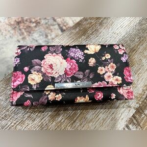 Tahari Floral Saffiano Trifold Wallet Black Multicolor Flowers Snap Closure